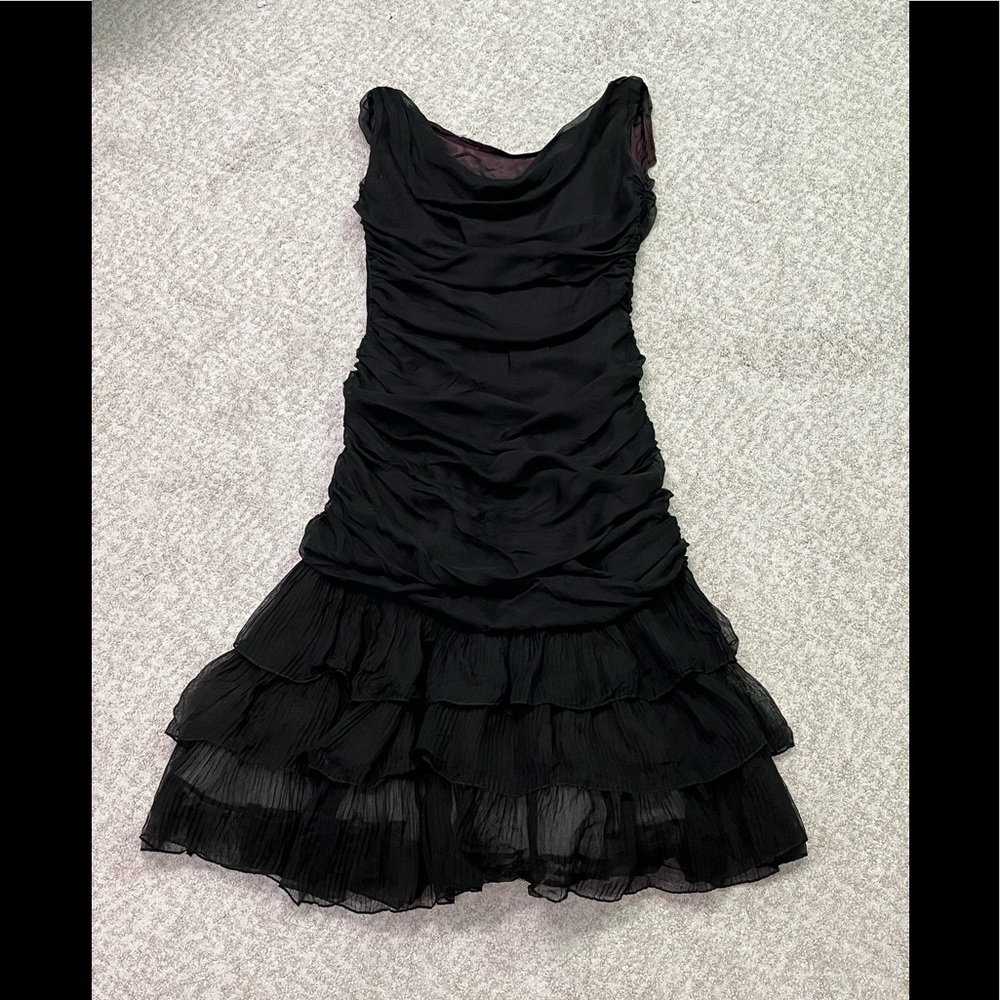 Vintage 1950s black chiffon draped cocktail dress with flouncy hem M/L
